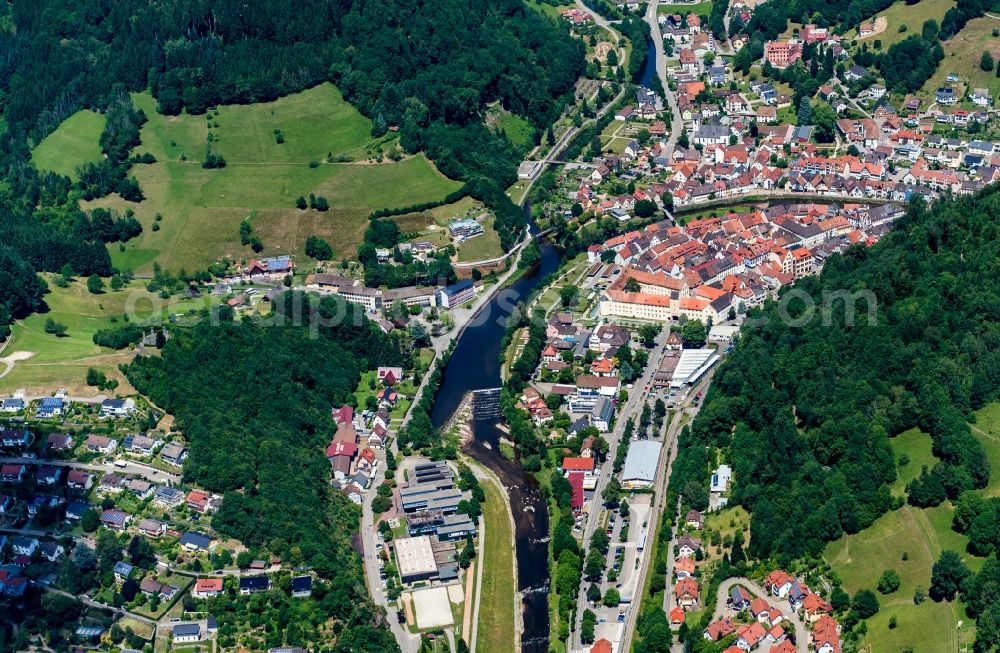 Wolfach from above - City center in the downtown area on the banks of river course Kinzig in Wolfach in the state Baden-Wuerttemberg, Germany