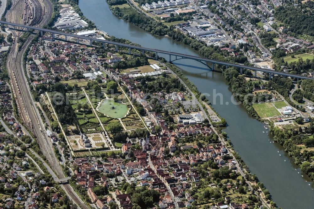 Veitshöchheim from above - City center in the downtown area on the banks of river course of the Main river in Wuerzburg-Veitshoechheim in the state Bavaria, Germany