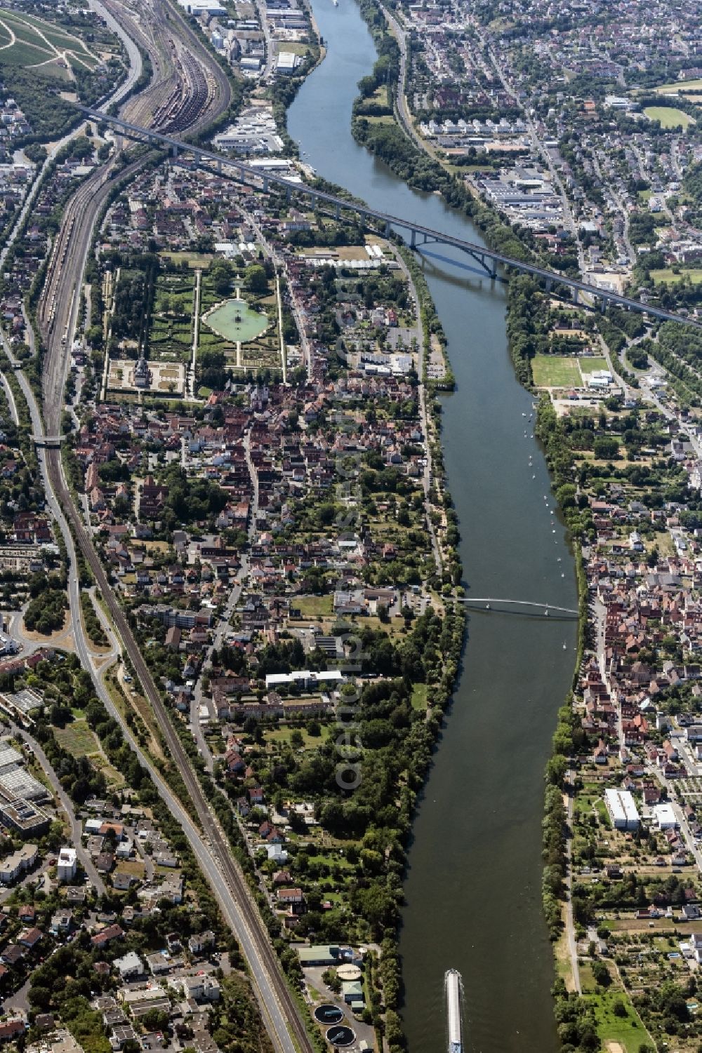 Veitshöchheim from the bird's eye view: City center in the downtown area on the banks of river course of the Main river in Wuerzburg-Veitshoechheim in the state Bavaria, Germany