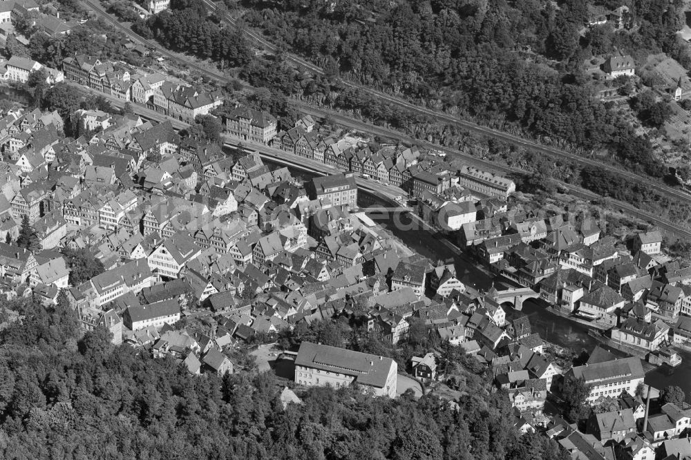 Calw from above - City center in the downtown area on the banks of river course Nagold in Calw in the state Baden-Wuerttemberg, Germany