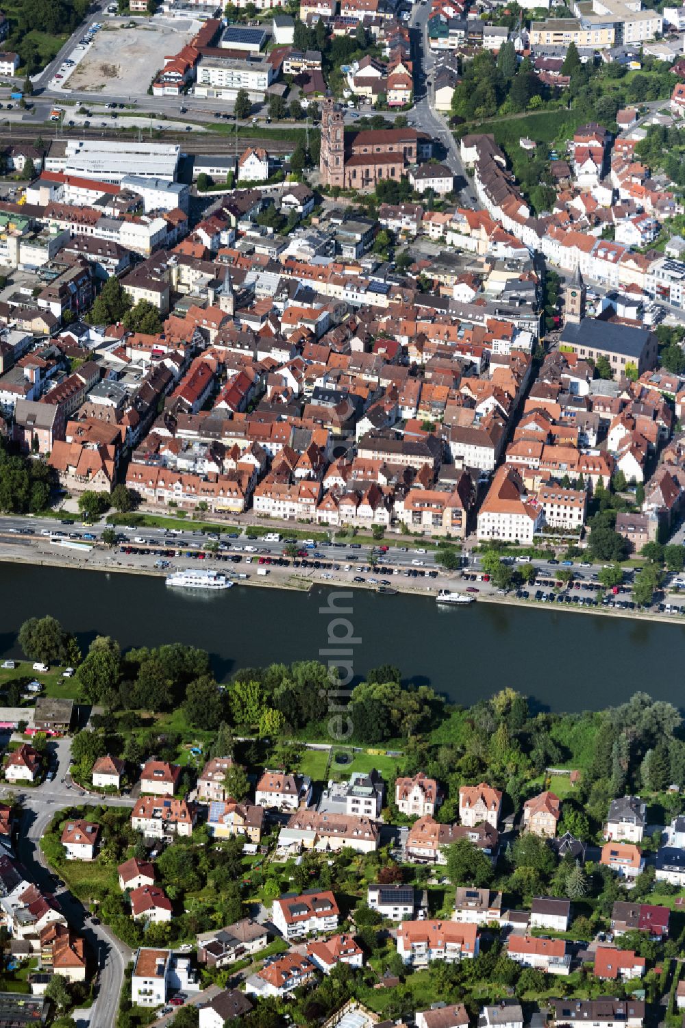 Eberbach from above - City center in the downtown area on the banks of river course of Neckar in Eberbach in the state Baden-Wuerttemberg, Germany