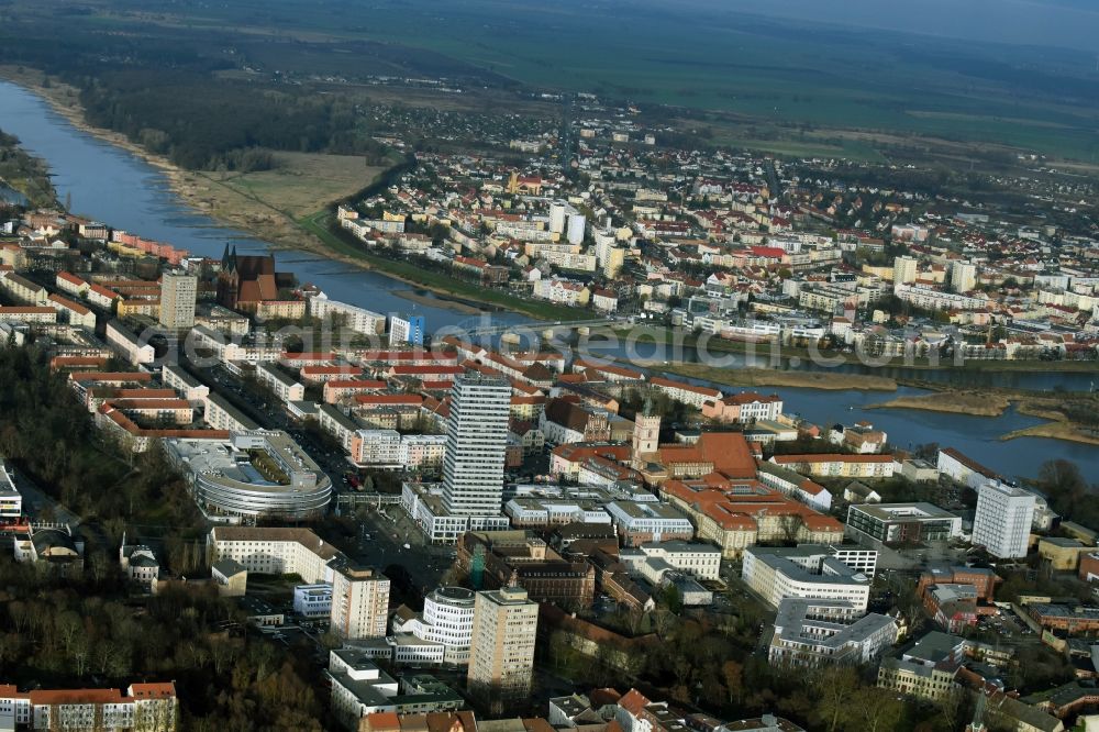 Frankfurt (Oder) from above - City center in the downtown area on the banks of river course Oder on the border to Slubice in Frankfurt (Oder) in the state Brandenburg