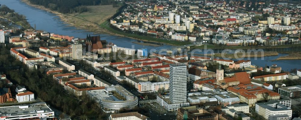 Frankfurt (Oder) from above - City center in the downtown area on the banks of river course Oder on the border to Slubice in Frankfurt (Oder) in the state Brandenburg