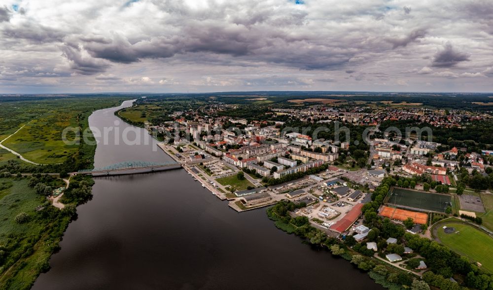 Aerial image Gryfino - City center in the downtown area on the banks of river course of Oder in Gryfino in Zachodniopomorskie, Poland