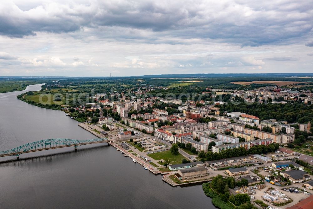 Gryfino from above - City center in the downtown area on the banks of river course of Oder in Gryfino in Zachodniopomorskie, Poland