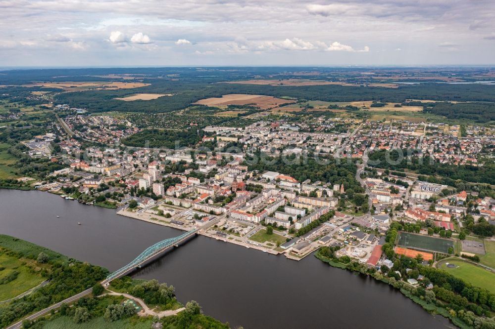 Gryfino from above - City center in the downtown area on the banks of river course of Oder in Gryfino in Zachodniopomorskie, Poland