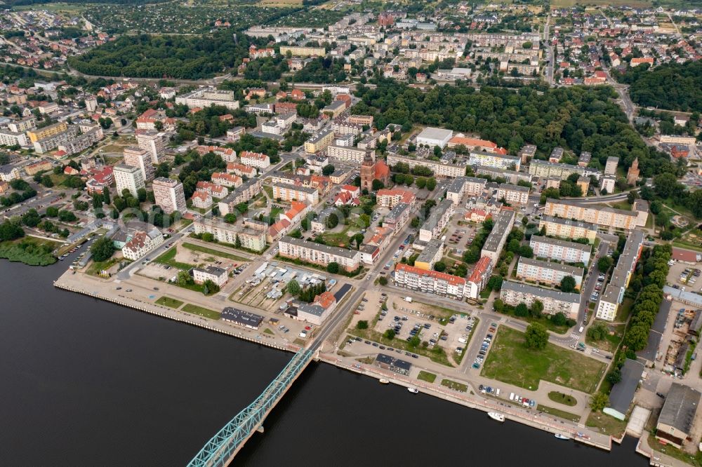 Gryfino from the bird's eye view: City center in the downtown area on the banks of river course of Oder in Gryfino in Zachodniopomorskie, Poland