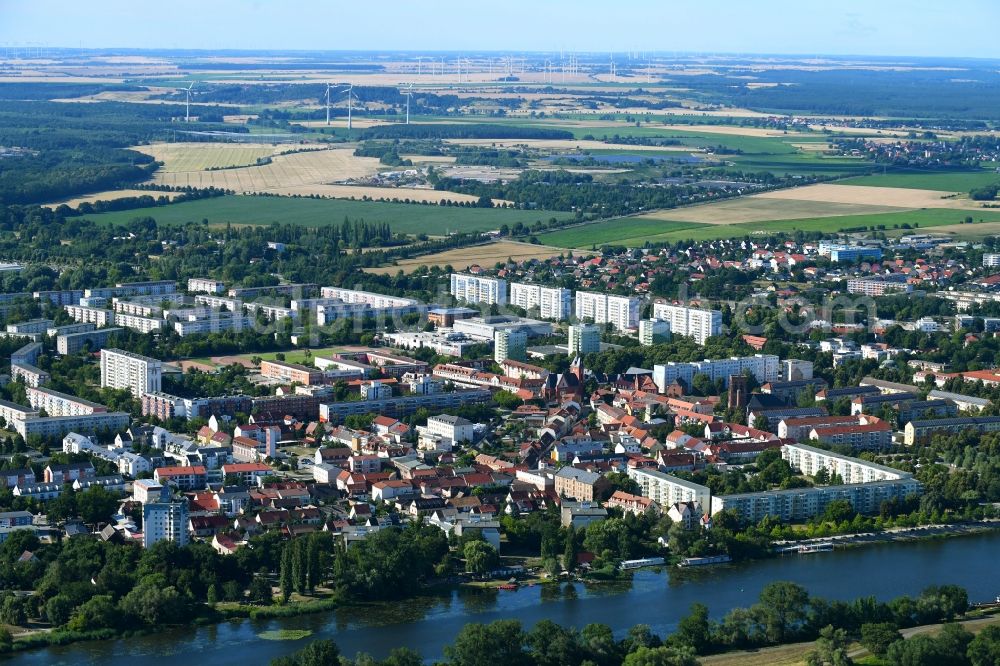 Schwedt/Oder from above - City center in the downtown area on the banks of river course of Oder in Schwedt/Oder in the state Brandenburg, Germany