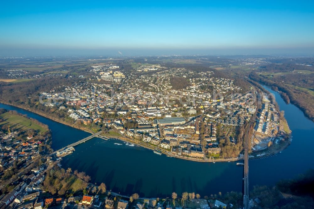 Kettwig from above - City center in the downtown area on the banks of river course Ruhr in Kettwig in the state North Rhine-Westphalia