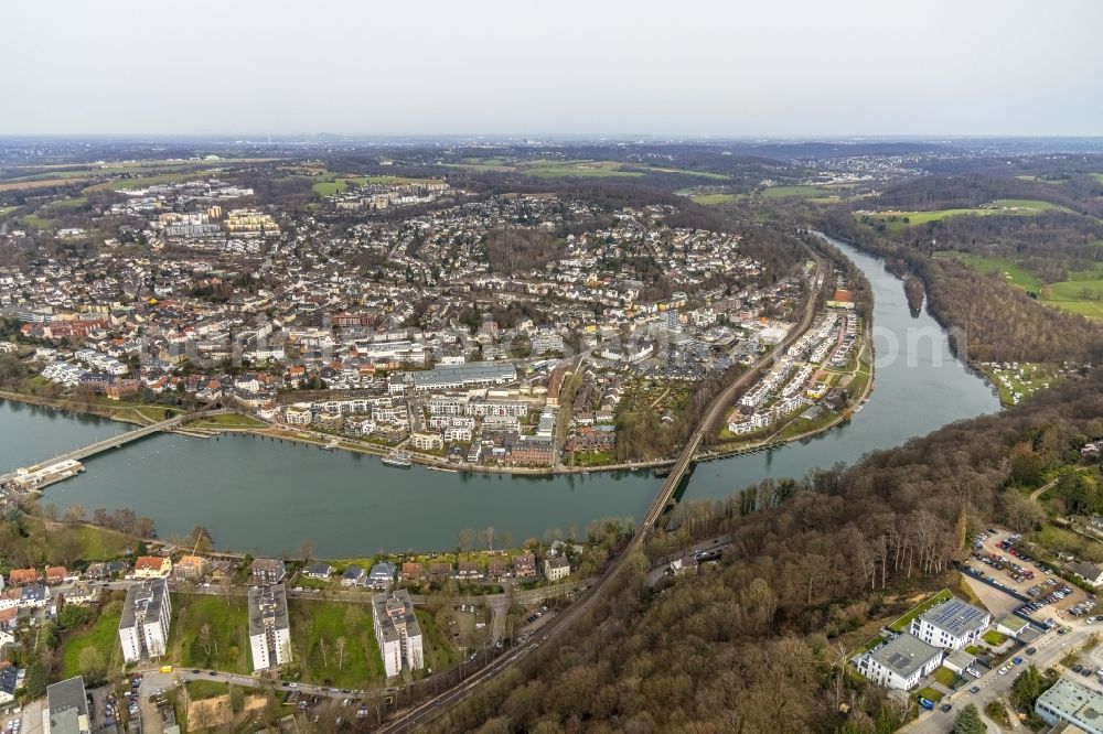 Kettwig from the bird's eye view: City center in the downtown area on the banks of river course Ruhr in Kettwig in the state North Rhine-Westphalia