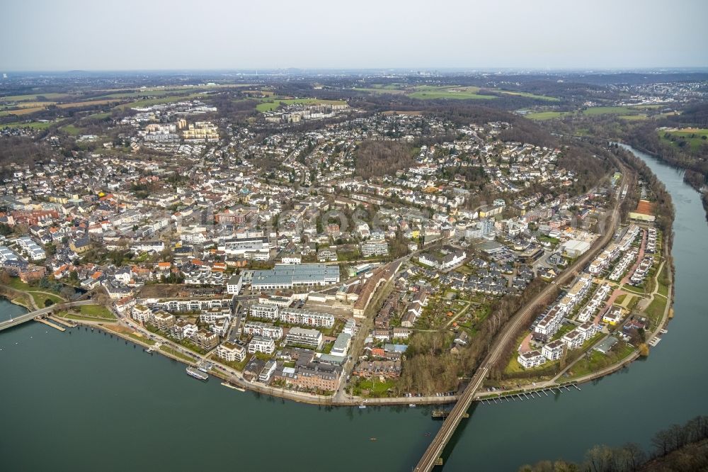 Aerial image Kettwig - City center in the downtown area on the banks of river course Ruhr in Kettwig in the state North Rhine-Westphalia