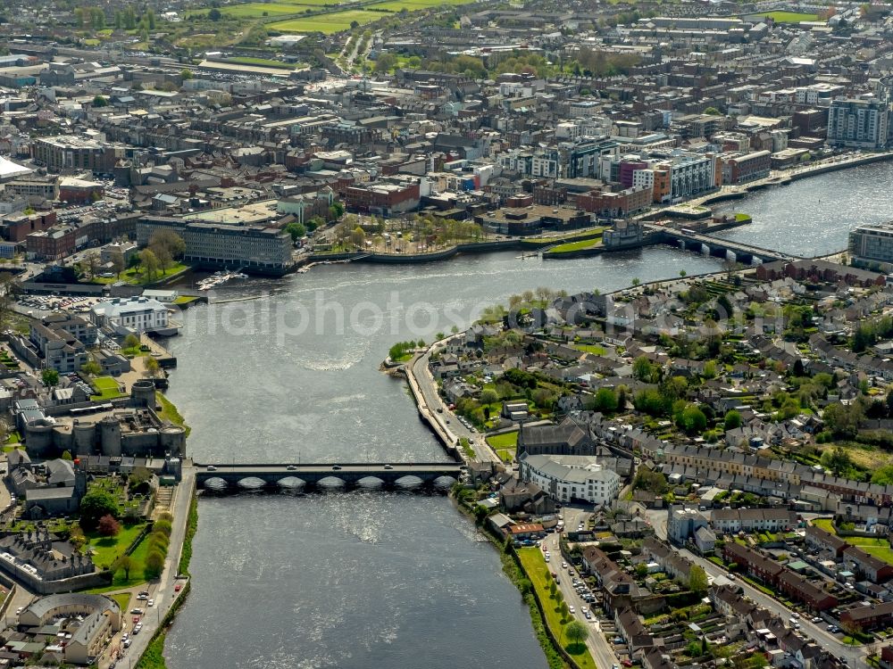 Aerial image Limerick - City center in the downtown area on the banks of river course Shannon in Limerick in Limerick, Ireland