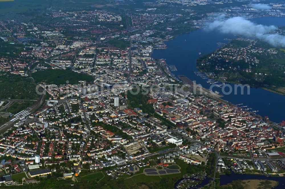 Rostock from above - City center in the downtown area on the banks of river course of Unterwarnow in the district Altstadt in Rostock in the state Mecklenburg - Western Pomerania, Germany