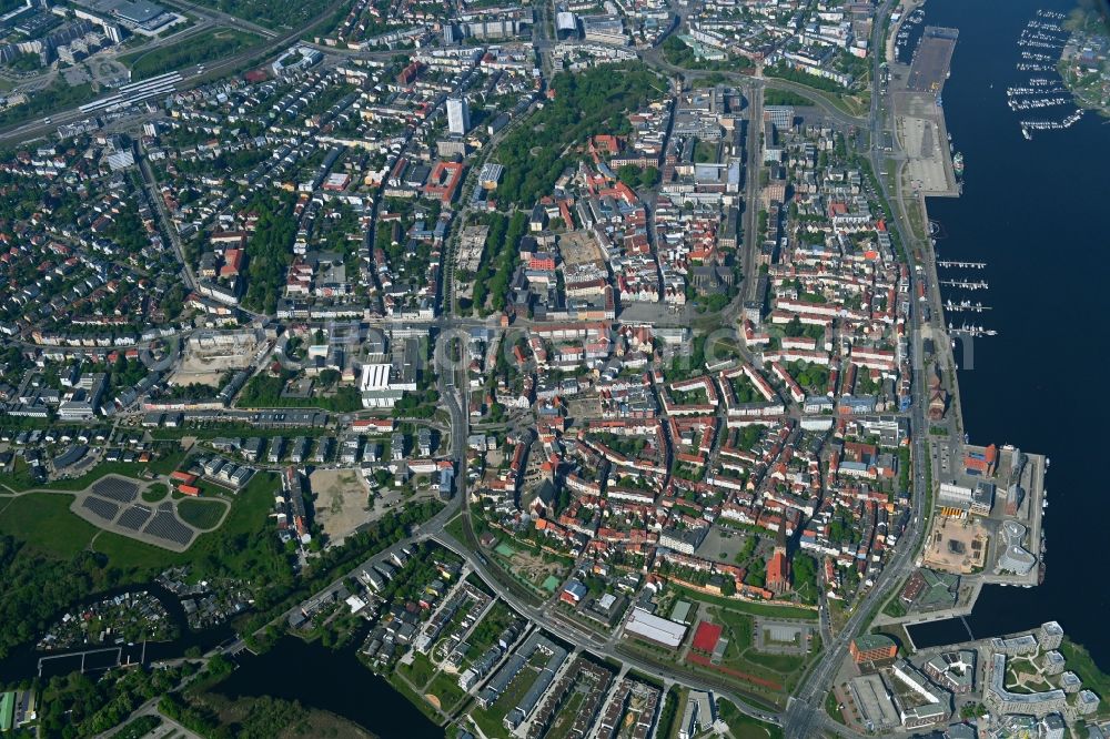 Rostock from above - City center in the downtown area on the banks of river course of Unterwarnow in the district Altstadt in Rostock in the state Mecklenburg - Western Pomerania, Germany