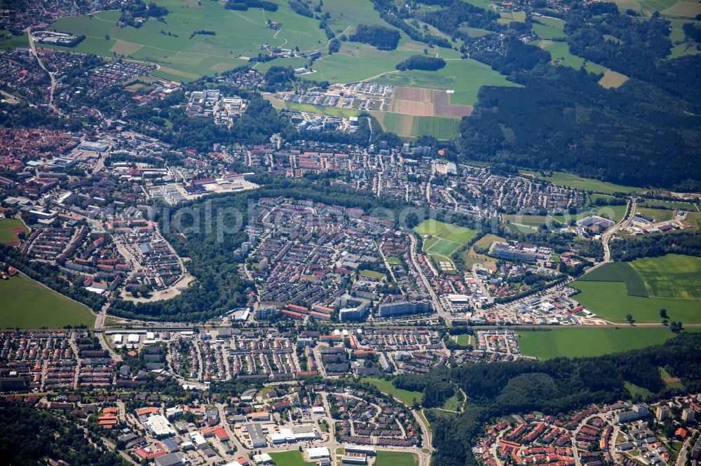 Kaufbeuren from above - City center in the downtown area on the banks of river course of Wertach in Kaufbeuren in the state Bavaria, Germany