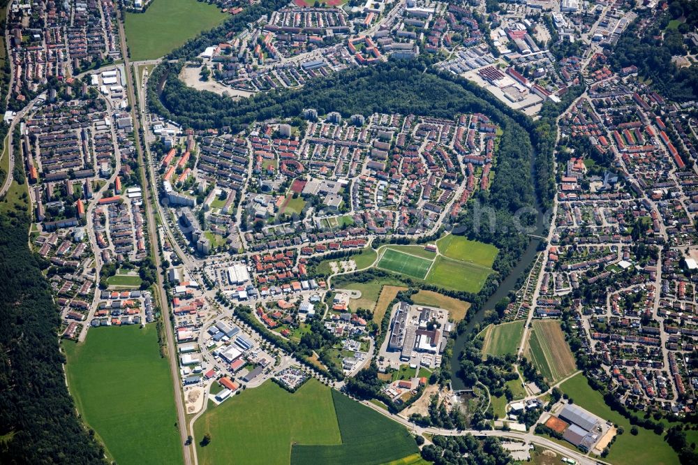 Kaufbeuren from the bird's eye view: City center in the downtown area on the banks of river course of Wertach in Kaufbeuren in the state Bavaria, Germany