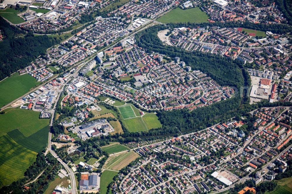 Aerial image Kaufbeuren - City center in the downtown area on the banks of river course of Wertach in Kaufbeuren in the state Bavaria, Germany