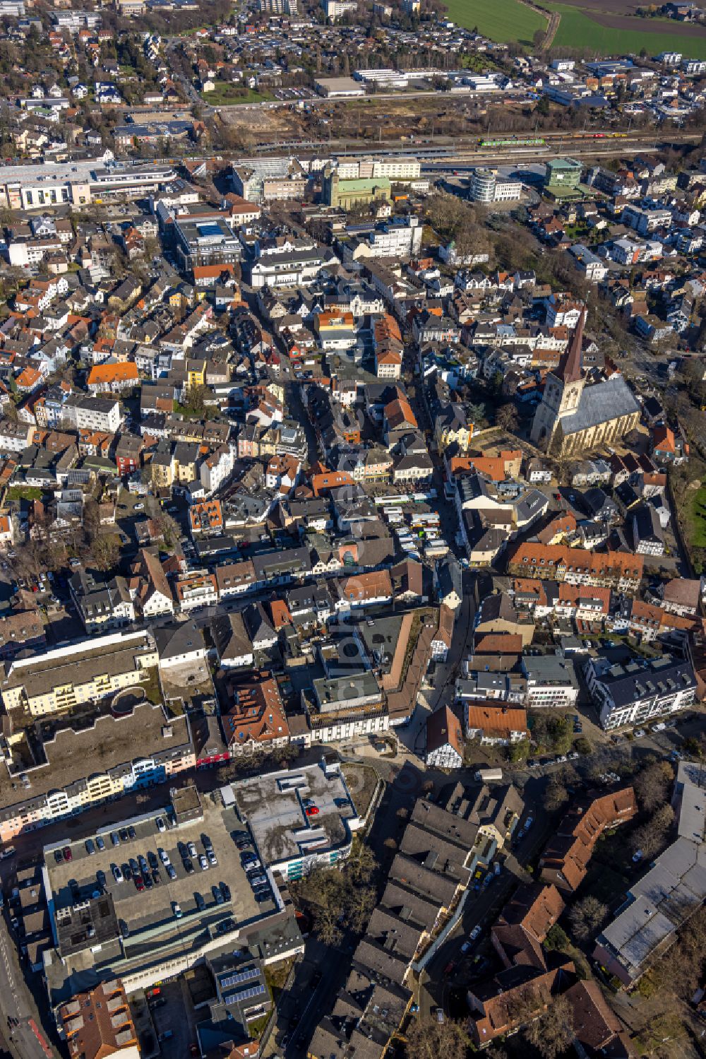 Aerial image Unna - the city center in the downtown area in Unna in the state North Rhine-Westphalia, Germany