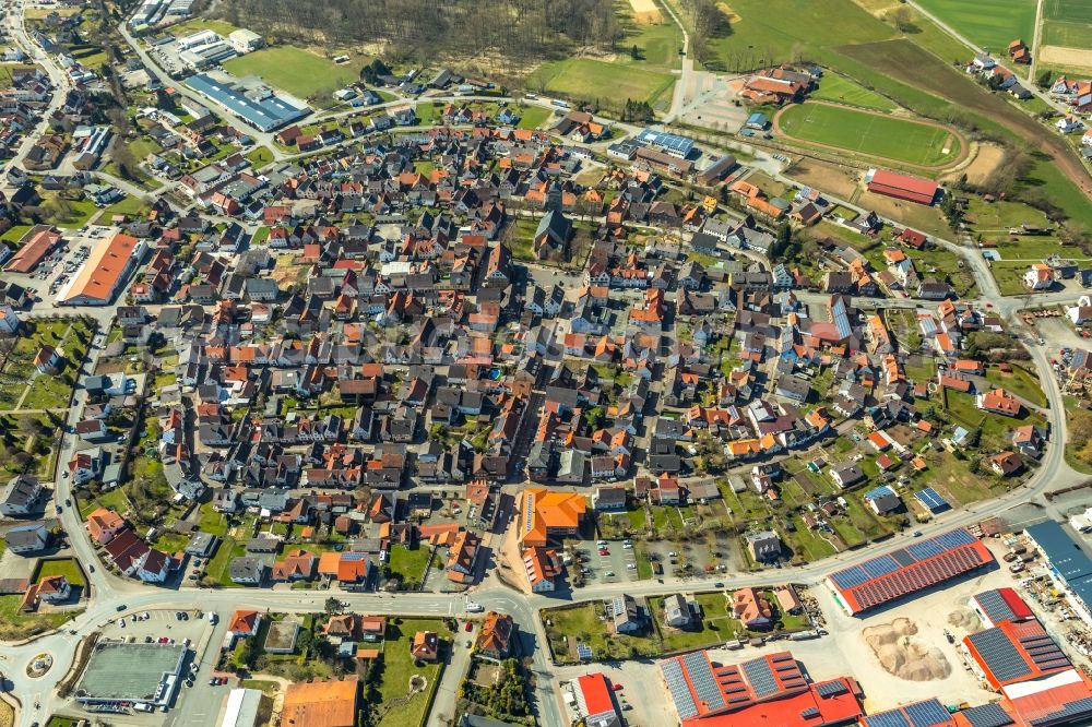 Volkmarsen from the bird's eye view: The city center in the downtown area in Volkmarsen in the state Hesse, Germany