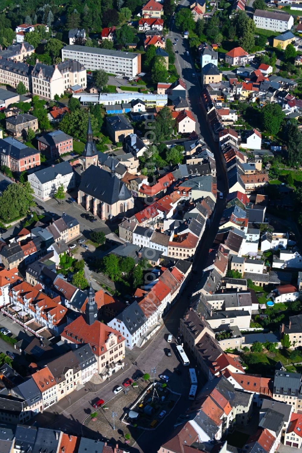 Waldenburg from above - The city center in the downtown area in Waldenburg in the state Saxony, Germany