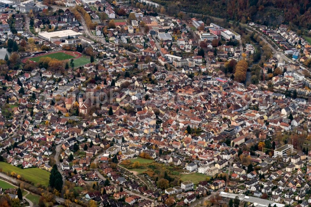 Aerial image Waldkirch - The city center in the downtown area in Waldkirch in the state Baden-Wurttemberg, Germany