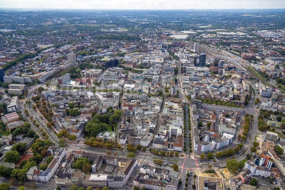 Dortmund from the bird's eye view: The city center in the downtown area on Wallring in Dortmund at Ruhrgebiet in the state North Rhine-Westphalia, Germany