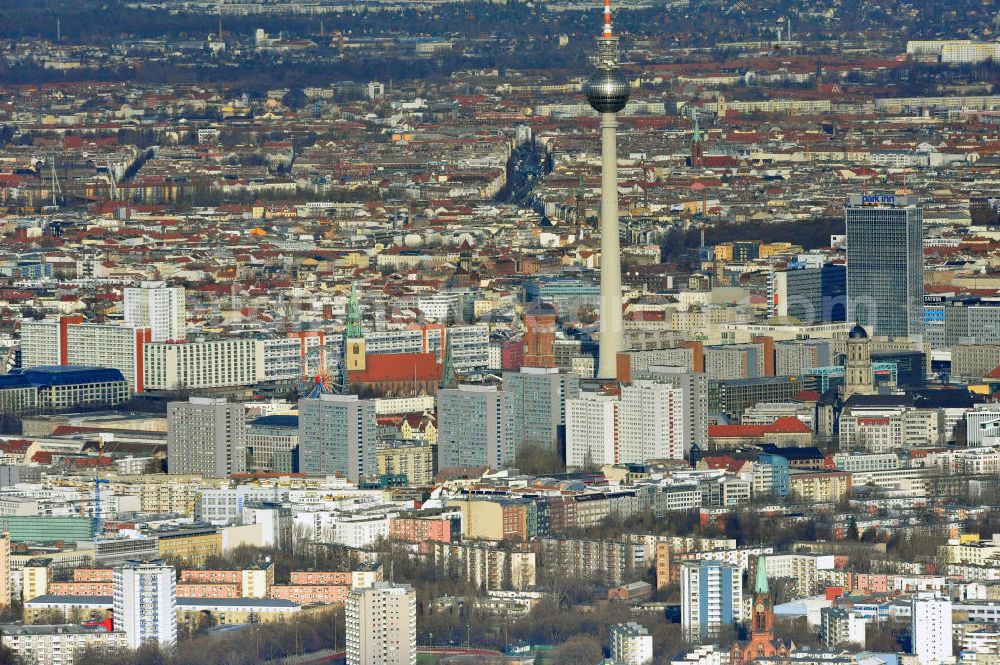 Berlin from above - Stadtansicht auf das Stadtzentrum Ost am Berliner Fernsehturm in Berlin Mitte. City Center East Berlin on TV tower in destrict Mitte.