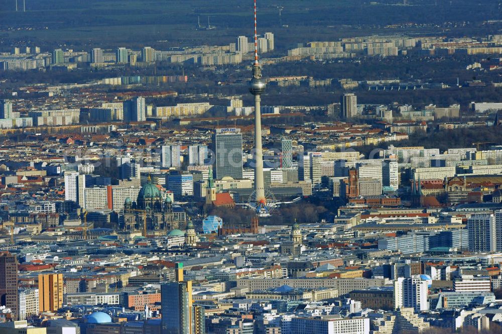 Berlin from above - Stadtansicht auf das Stadtzentrum Ost am Berliner Fernsehturm in Berlin Mitte. City Center East Berlin on TV tower in destrict Mitte.