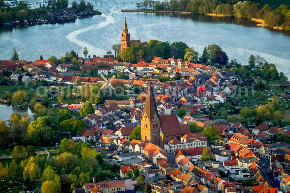 Röbel/Müritz from above - City center with church St. Nikolai and St. Mary's Church in alignment with the harbor entrance to the Mueritz in Robel in Mecklenburg - Western Pomerania