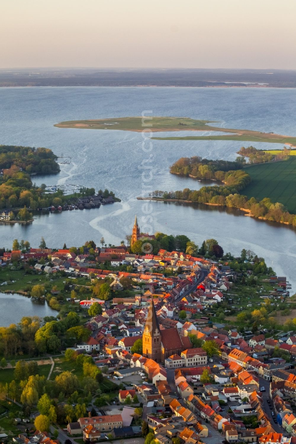 Röbel/Müritz from above - City center with church St. Nikolai and St. Mary's Church in alignment with the harbor entrance to the Mueritz in Robel in Mecklenburg - Western Pomerania