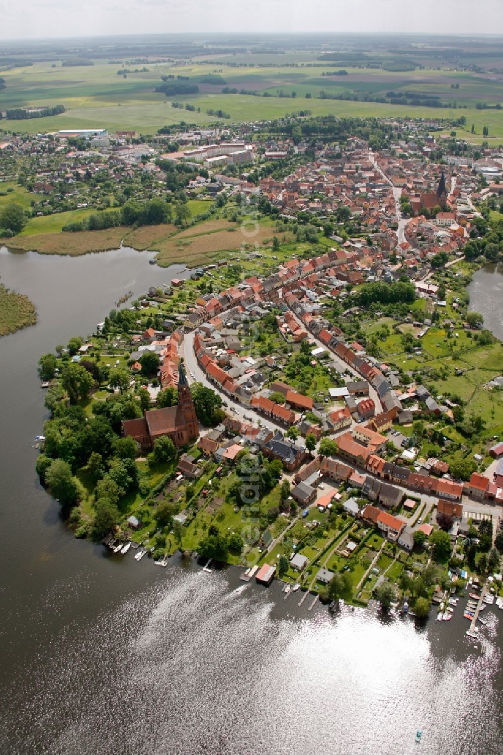 Röbel/Müritz from above - City center with church St. Nikolai and St. Mary's Church in alignment with the harbor entrance to the Mueritz in Robel in Mecklenburg - Western Pomerania