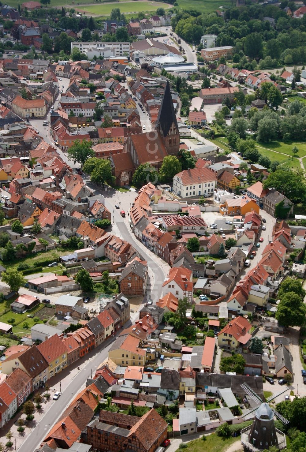 Röbel/Müritz from above - City center with church St. Nikolai and St. Mary's Church in alignment with the harbor entrance to the Mueritz in Robel in Mecklenburg - Western Pomerania