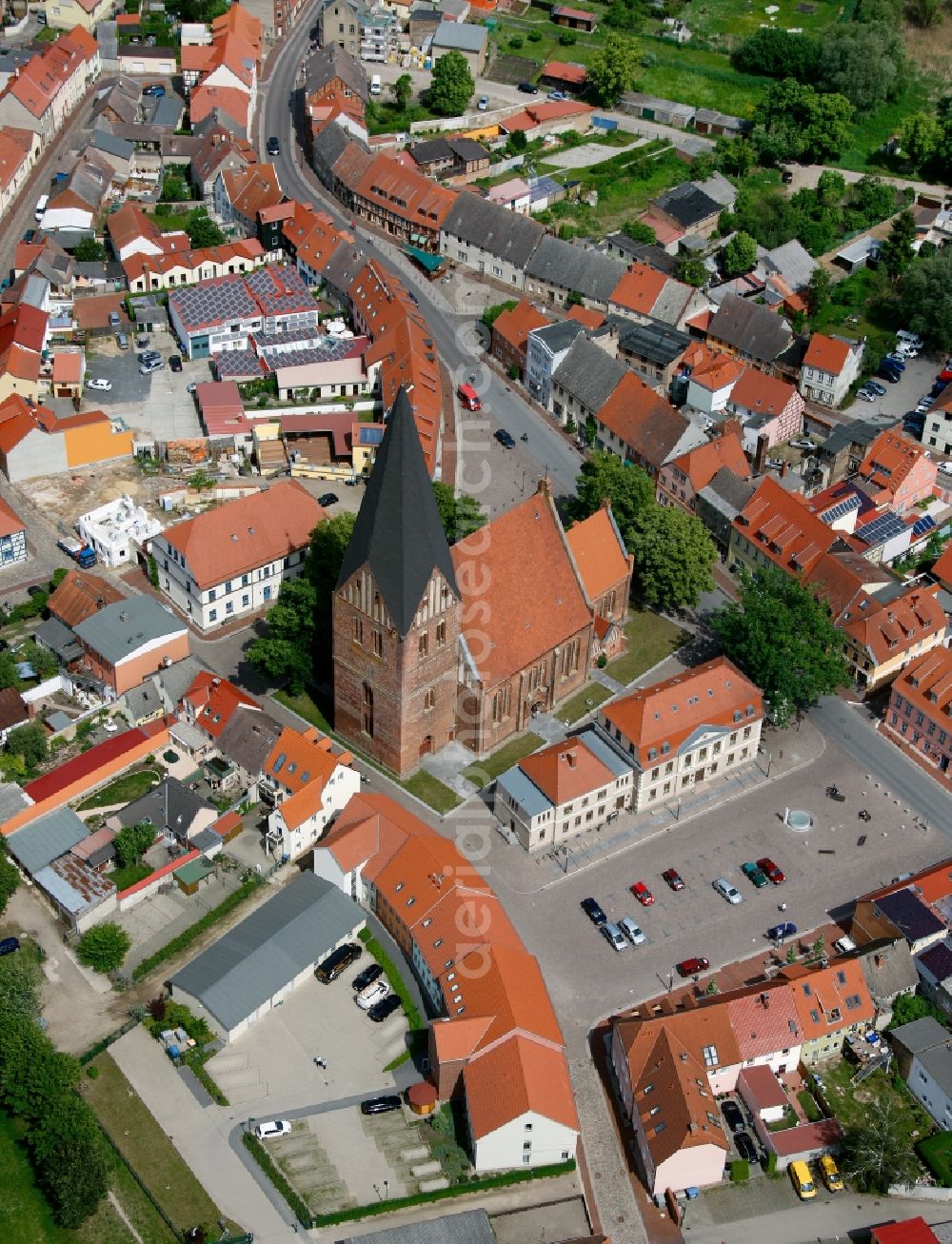 Röbel/Müritz from above - City center with church St. Nikolai and St. Mary's Church in alignment with the harbor entrance to the Mueritz in Robel in Mecklenburg - Western Pomerania