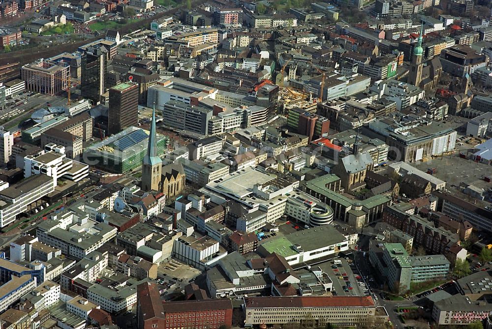 Aerial photograph Dortmund - City center with the three churches of the city of Dortmund, in North Rhine-Westphalia