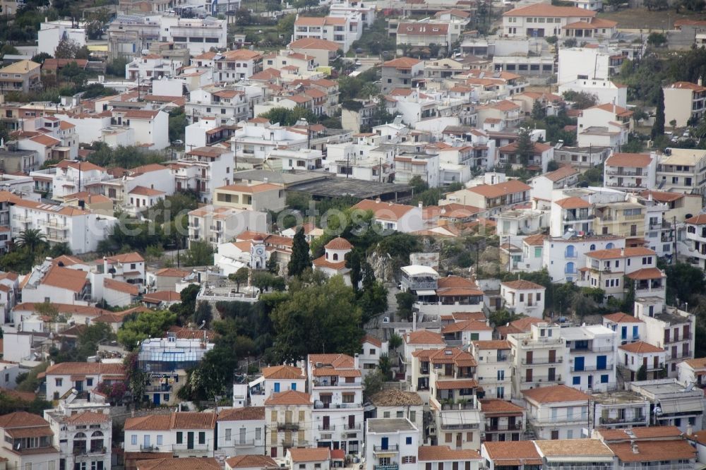 Skiathos from the bird's eye view: Skiathos town center on the island in Greece