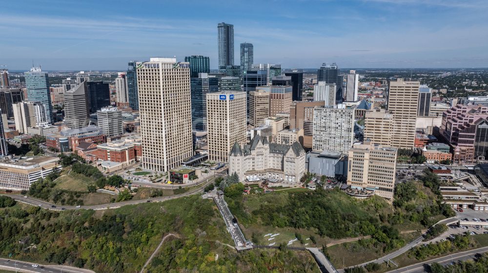 Aerial photograph Edmonton - City center with the skyline in the downtown area in Edmonton in Alberta, Canada