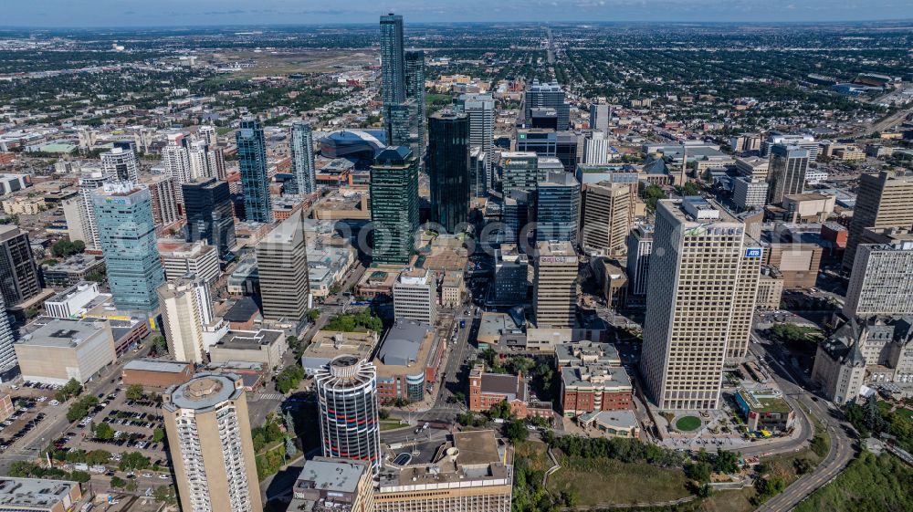 Edmonton from the bird's eye view: City center with the skyline in the downtown area in Edmonton in Alberta, Canada