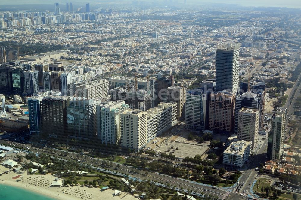 Aerial image Abu Dhabi - City center with the skyline in the downtown area at Corniche Road in Abu Dhabi in United Arab Emirates