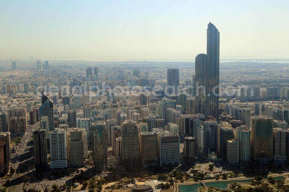 Abu Dhabi from above - City center with the skyline in the downtown area at the World Trade Center with Burj Mohammed Bin Rashid in Abu Dhabi in United Arab Emirates