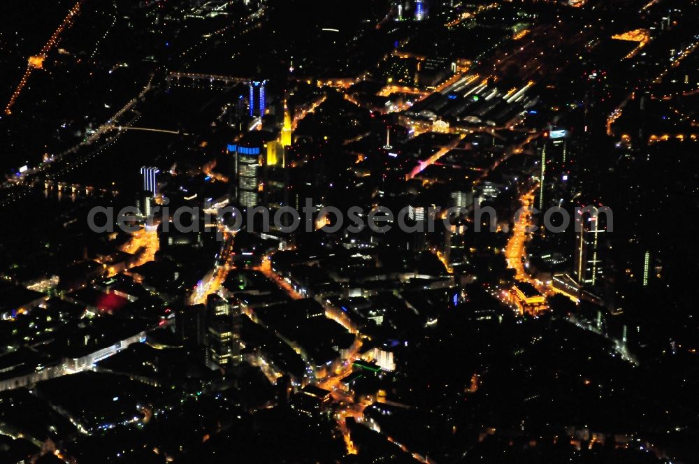 Frankfurt am Main from the bird's eye view: Night view of City center with the skyline in the downtown area in Frankfurt in the state Hesse