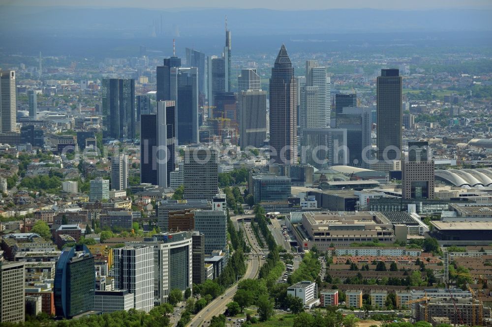 Frankfurt am Main from the bird's eye view: City center with the skyline in the downtown area in Frankfurt in the state Hesse