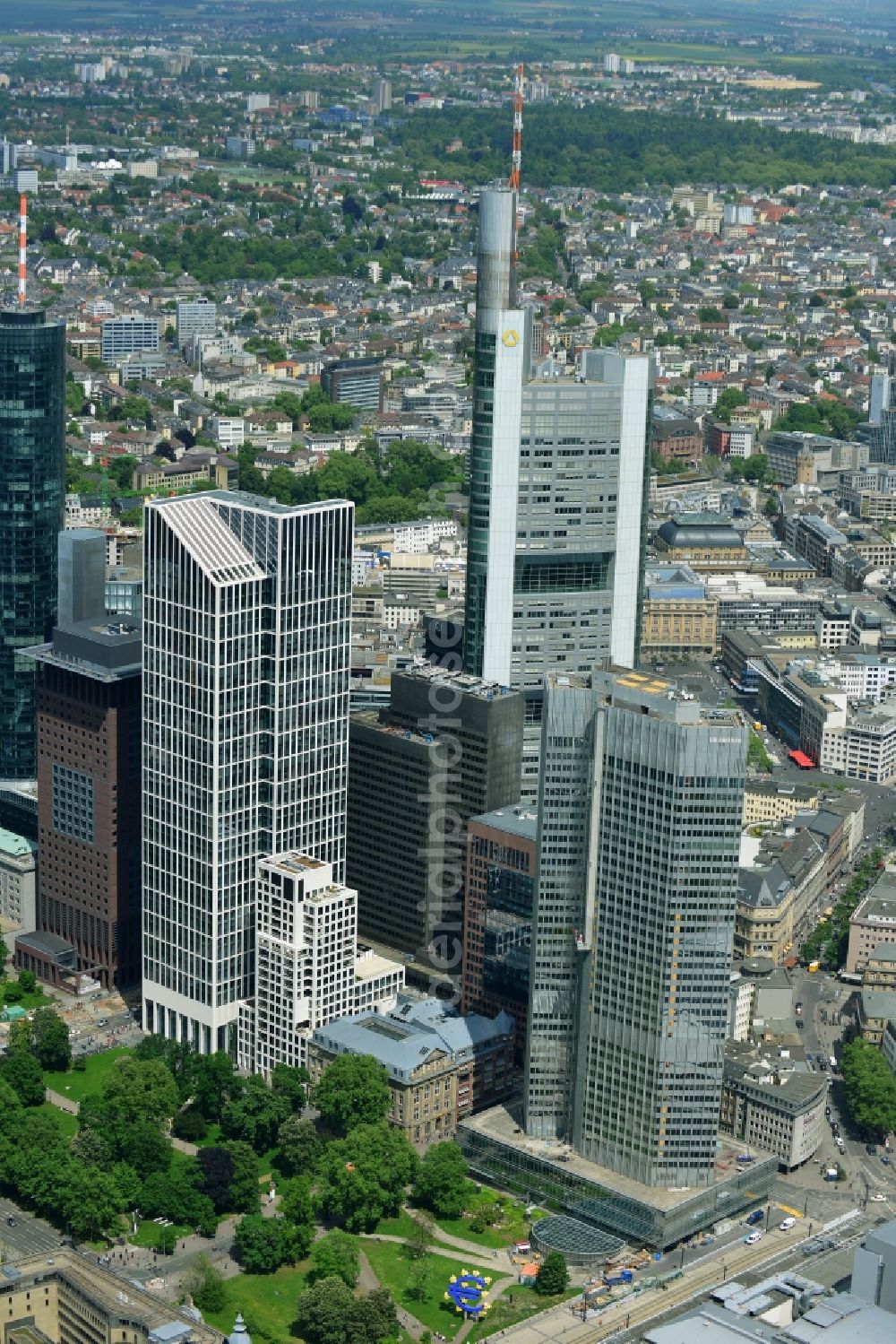 Aerial image Frankfurt am Main - City center with the skyline in the downtown area in Frankfurt in the state Hesse