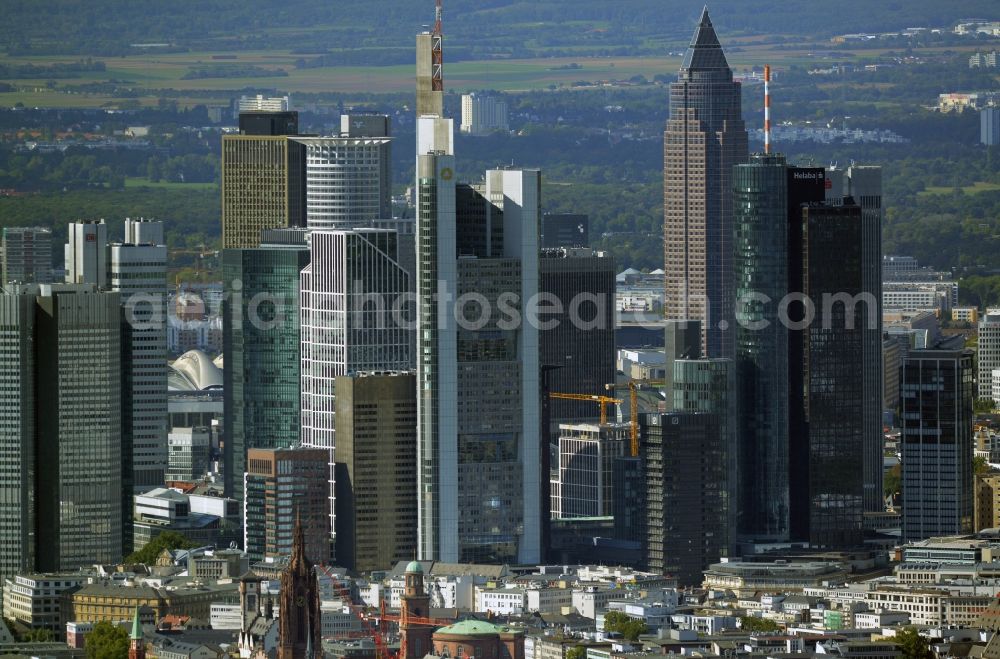 Frankfurt am Main from the bird's eye view: City center with the skyline in the downtown area in Frankfurt in the state Hesse