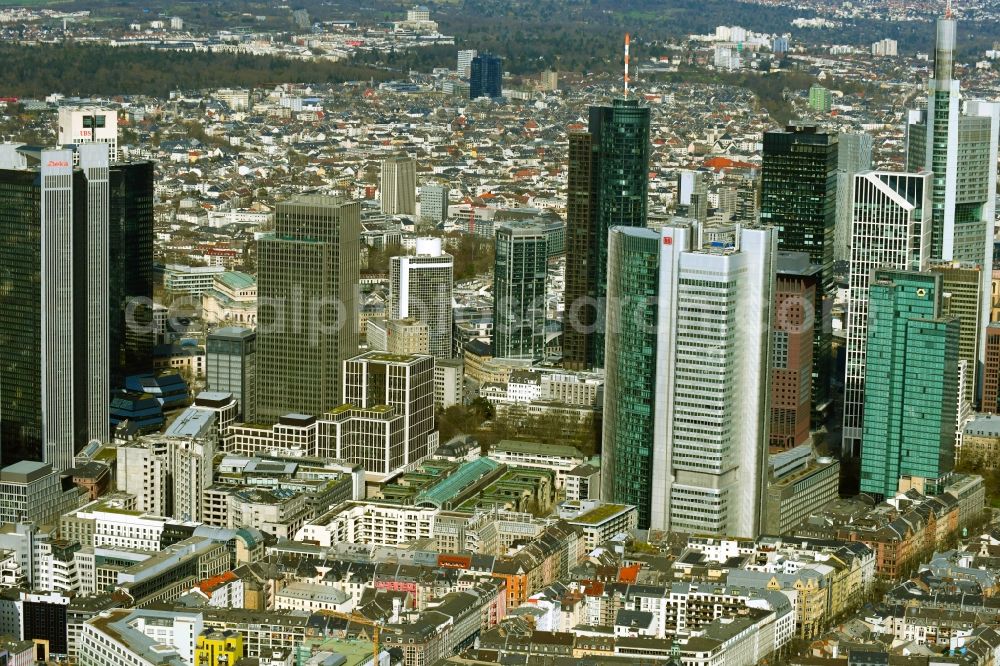 Frankfurt am Main from the bird's eye view: City center with the skyline in the downtown area in Frankfurt in the state Hesse, Germany