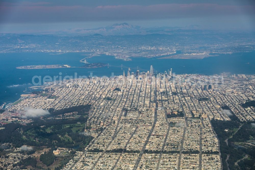 San Francisco from the bird's eye view: City center with the skyline in the downtown area in San Francisco in California, United States of America