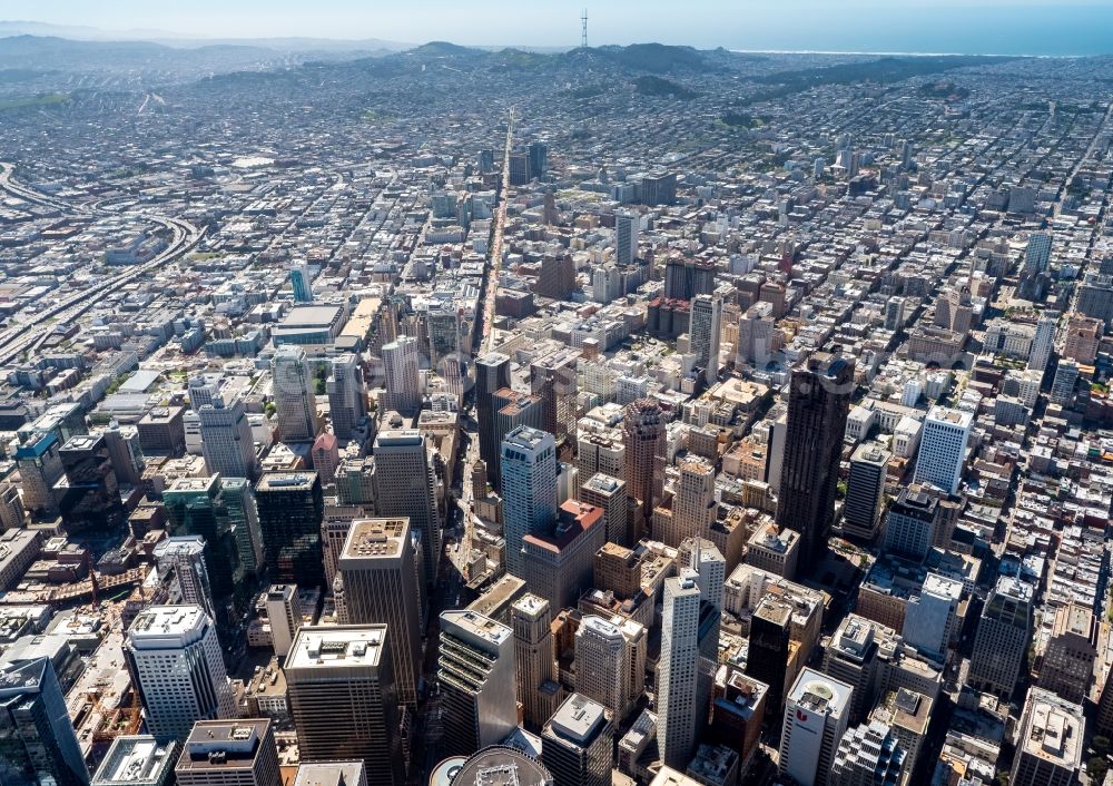 San Francisco from the bird's eye view: City center with the skyline in the downtown area in San Francisco in USA