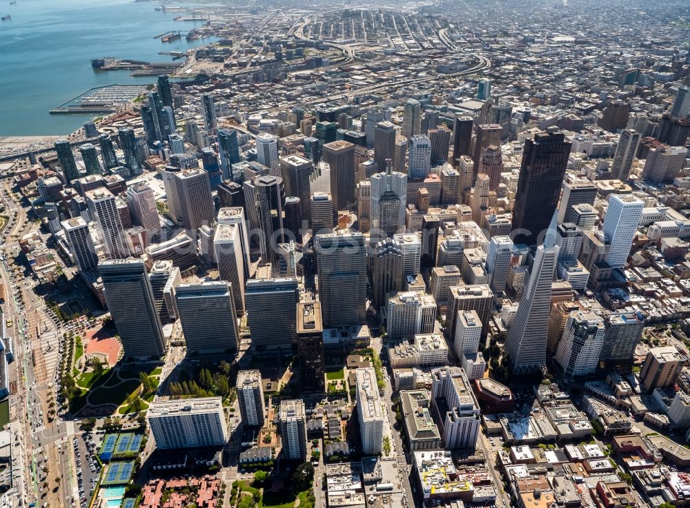 San Francisco from the bird's eye view: City center with the skyline in the downtown area in San Francisco in USA