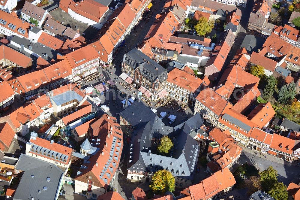 Wernigerode from above - View onto the old city and the inner city of Wernigerode in the state Saxony-Anhalt. Catch sight of the townhall and the marketplace