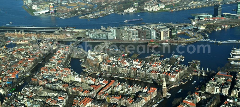 Aerial image Amsterdam - City center along the canals and waterways of the districts Nieuwmarkt en-Lasttage, Oudeschans and Rapenburgwai in Amsterdam Netherlands