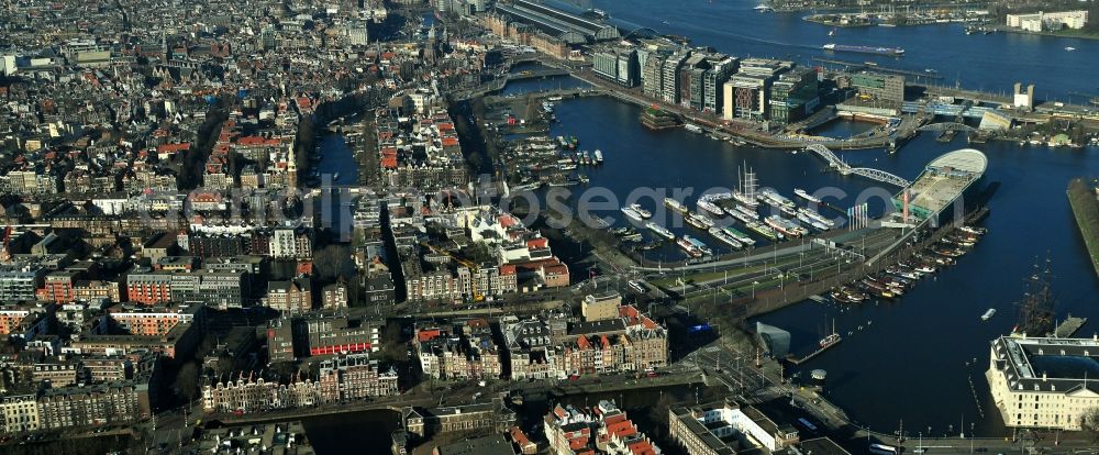 Aerial image Amsterdam - City center with districts Nieuwmarkt en Lasttageund De Wallen Binnenstadt of Amsterdam in the Netherlands